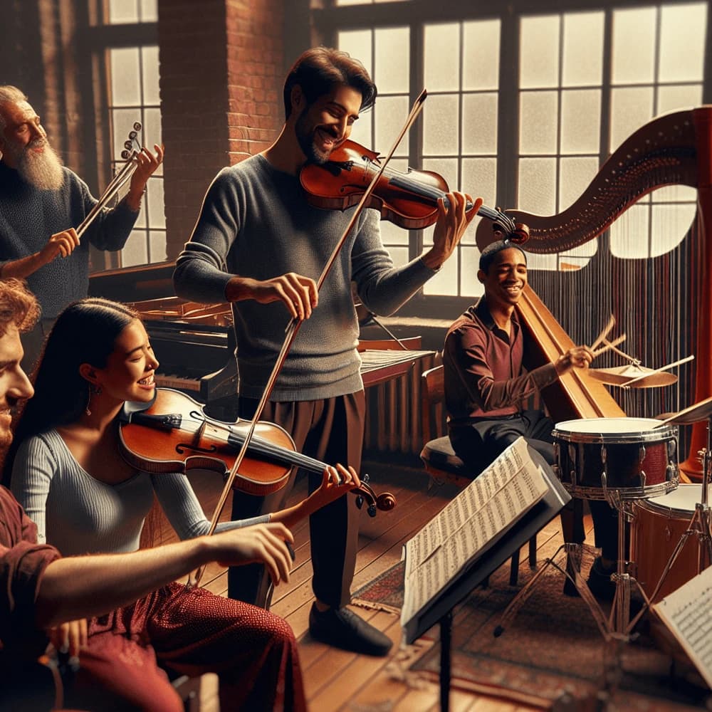 Diverse musicians playing violin, drums, and harp in a sunlit studio with large windows.