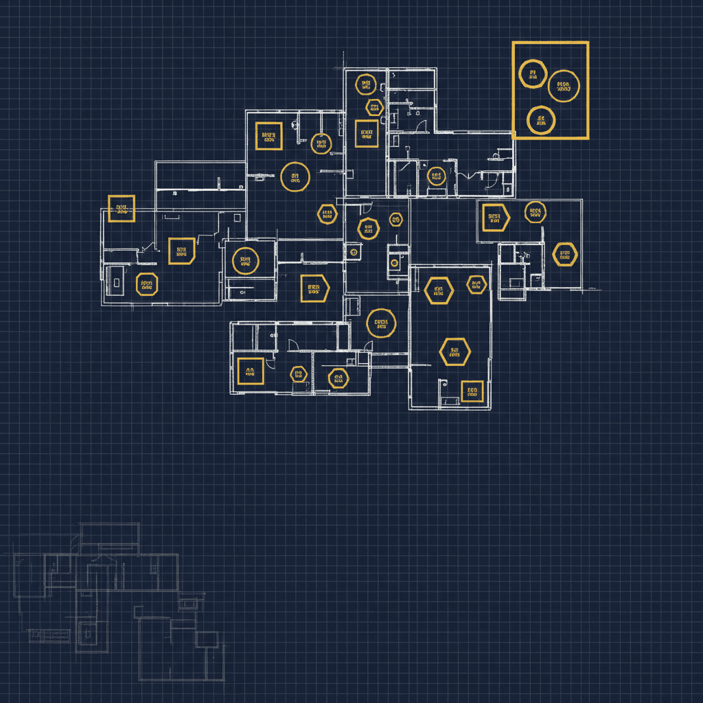 Blueprint of a building on a dark blue grid, with rooms highlighted in yellow.